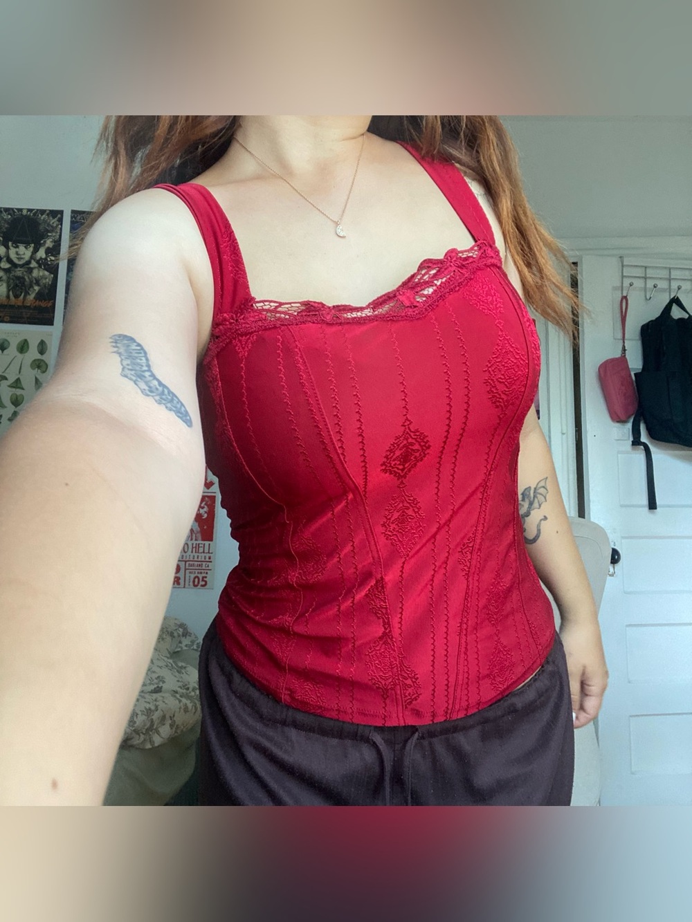 Vintage red lace corset looking style tank top with subtle textured pattern